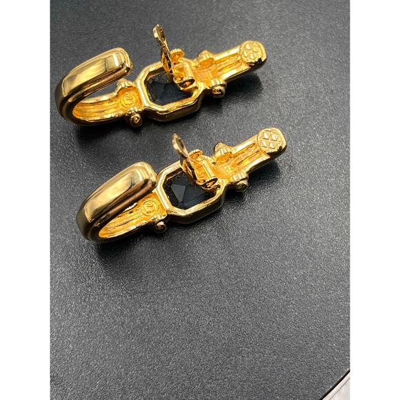 Swarovski Swan Vintage Gold Tone Pave Blue Bezel Crystal Half Hoop Clip Earring - Picture 5 of 8